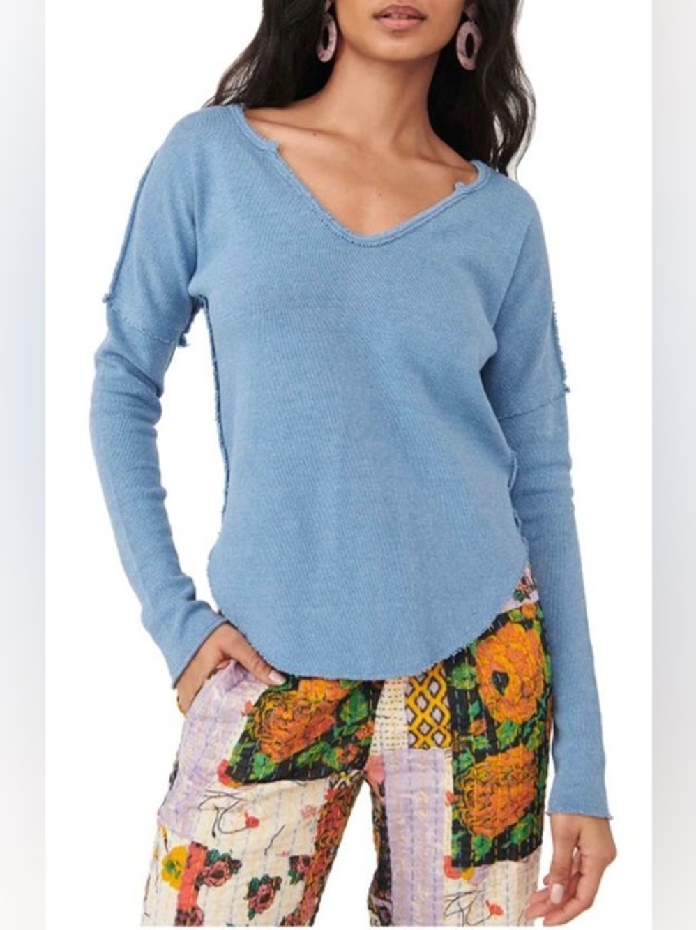 Free People We The Free Boho Chic Raw Hem Teal Casual Lightweight Knit Sweater